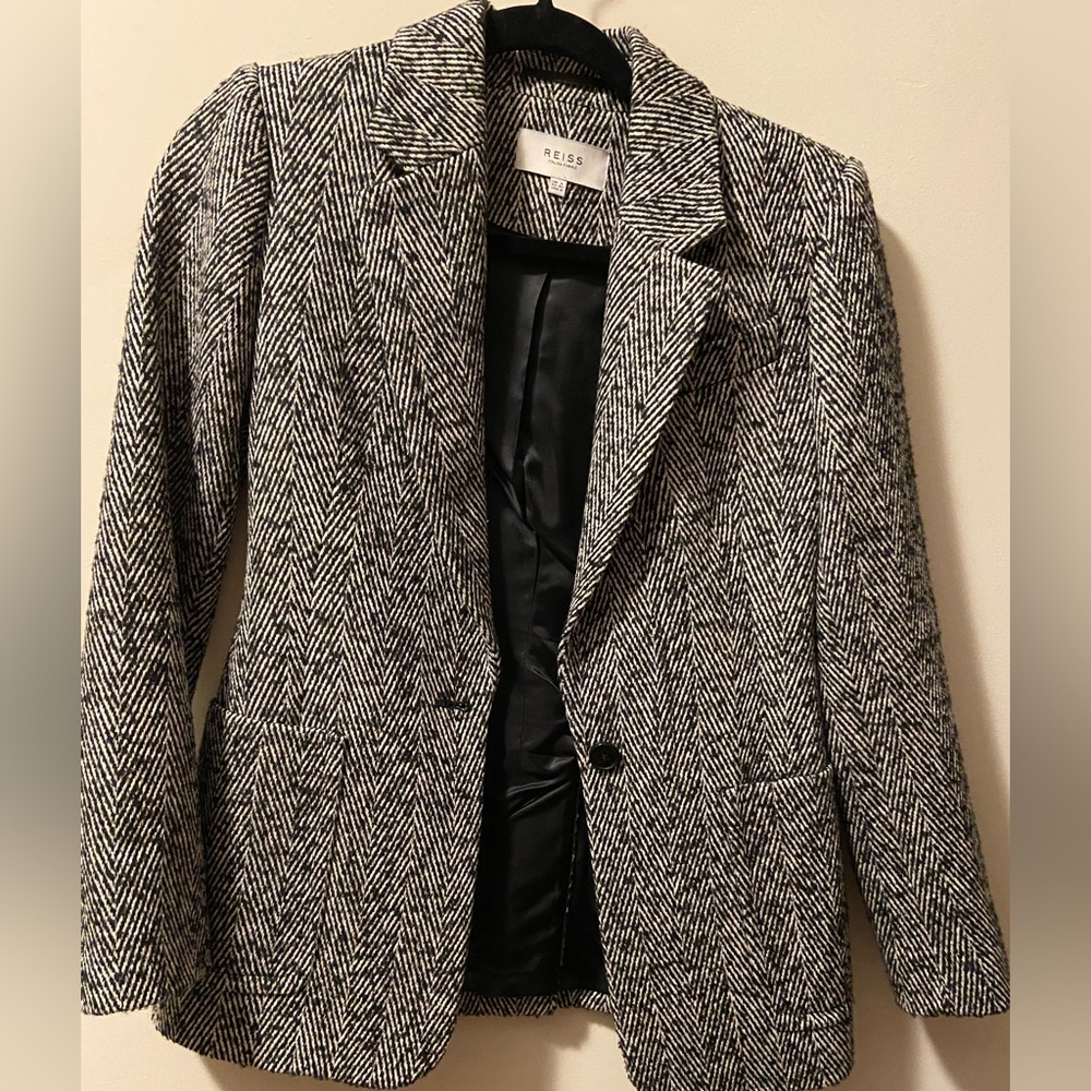 Reiss Black and White Patterned Blazer Houndstooth
